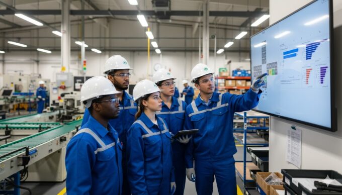 Workers in blue overalls and safety helmets reviewing a digital tier-board dashboard on a manufacturing shop floor. Agent-generated brand visual for a Valotalive use case page.