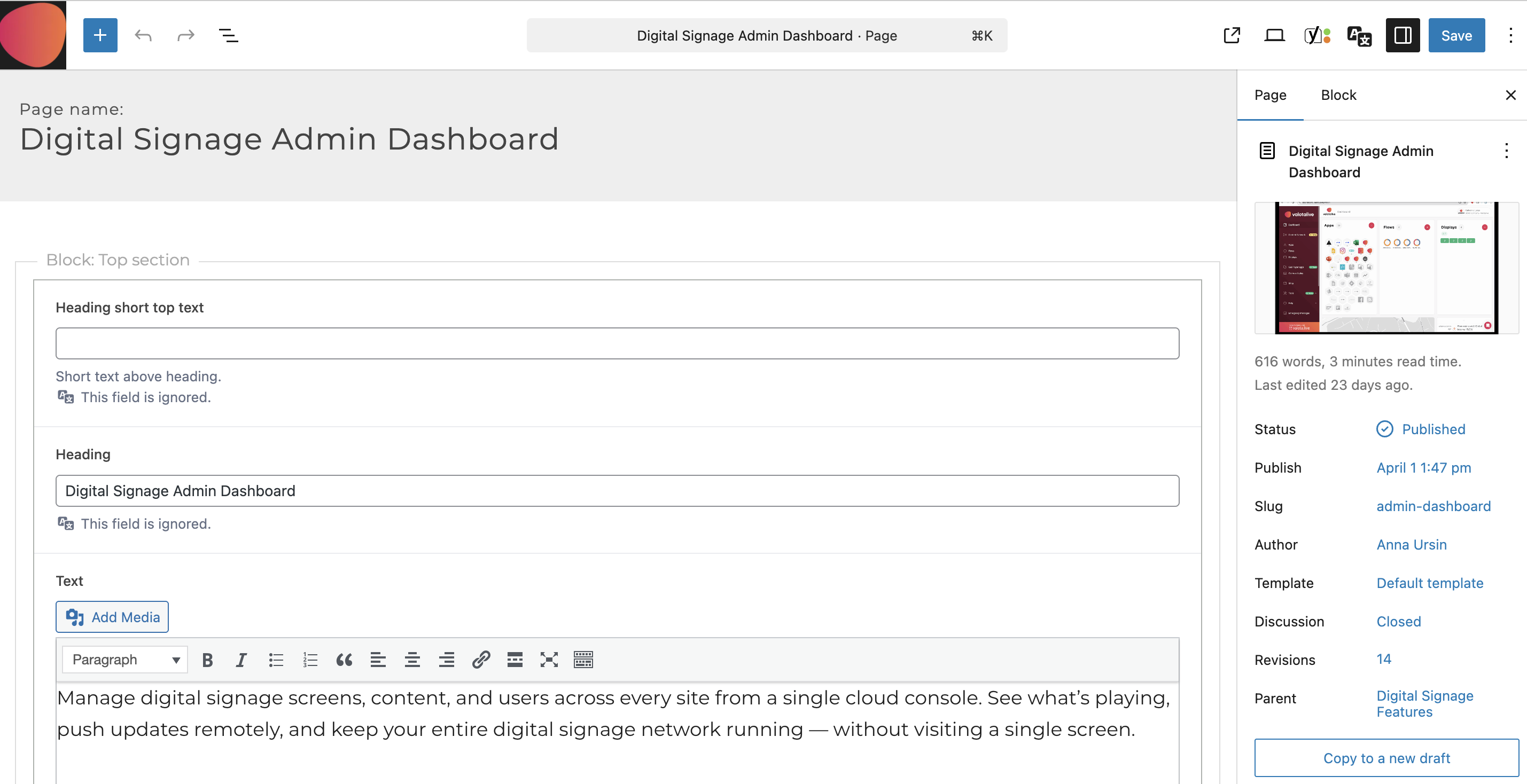 WordPress Block Editor showing the Valotalive admin dashboard page — agent-created draft with title, slug, featured image, parent page, author, and all metadata populated via the REST API