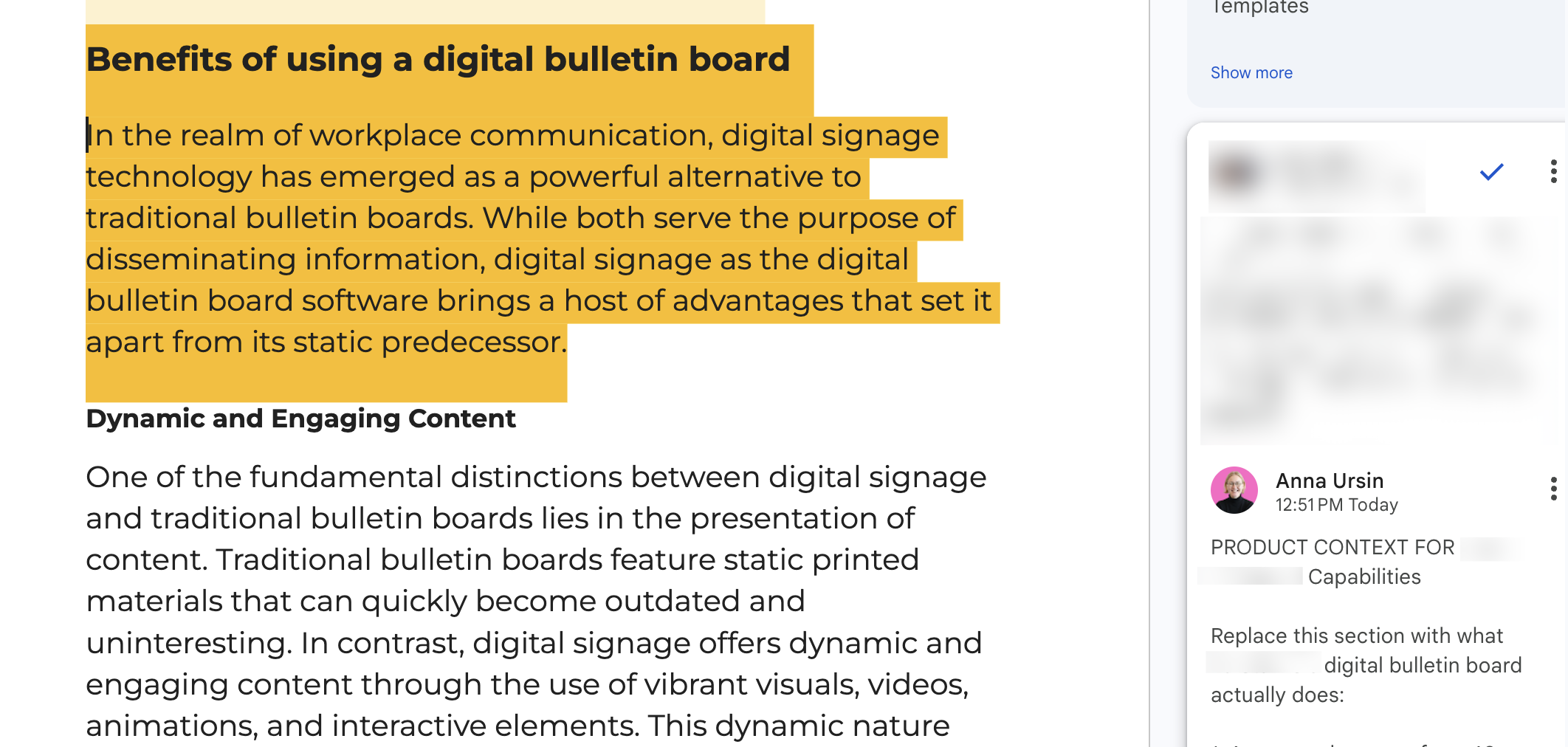 Google Doc with AI-generated product context comments for a content freelancer