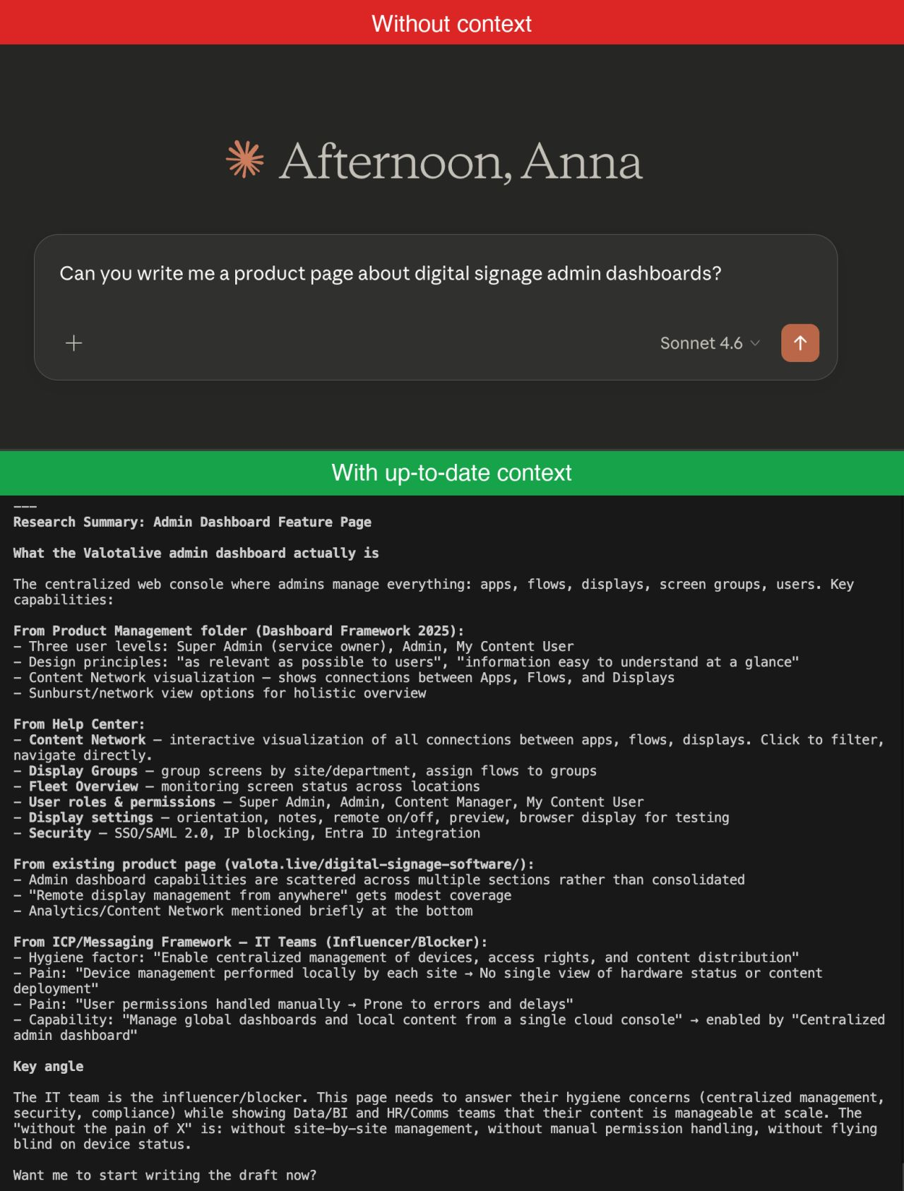Without context Claude can only ask vague questions about a product page; with the codified knowledge base loaded, it produces a fully-researched draft with internal links