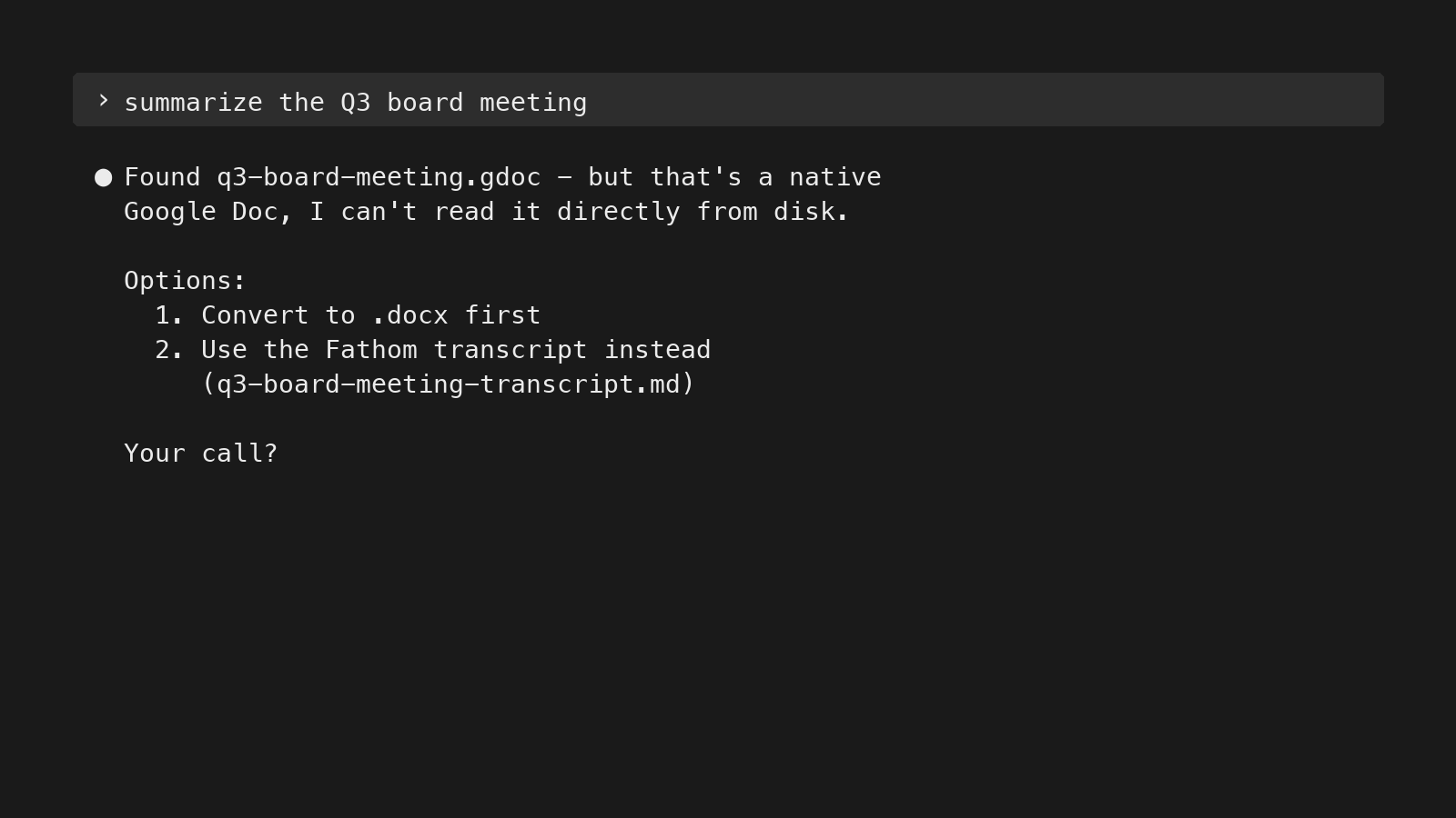 Claude Code asked to summarize a Q3 board meeting flagging that the source is a native Google Doc and offering conversion options