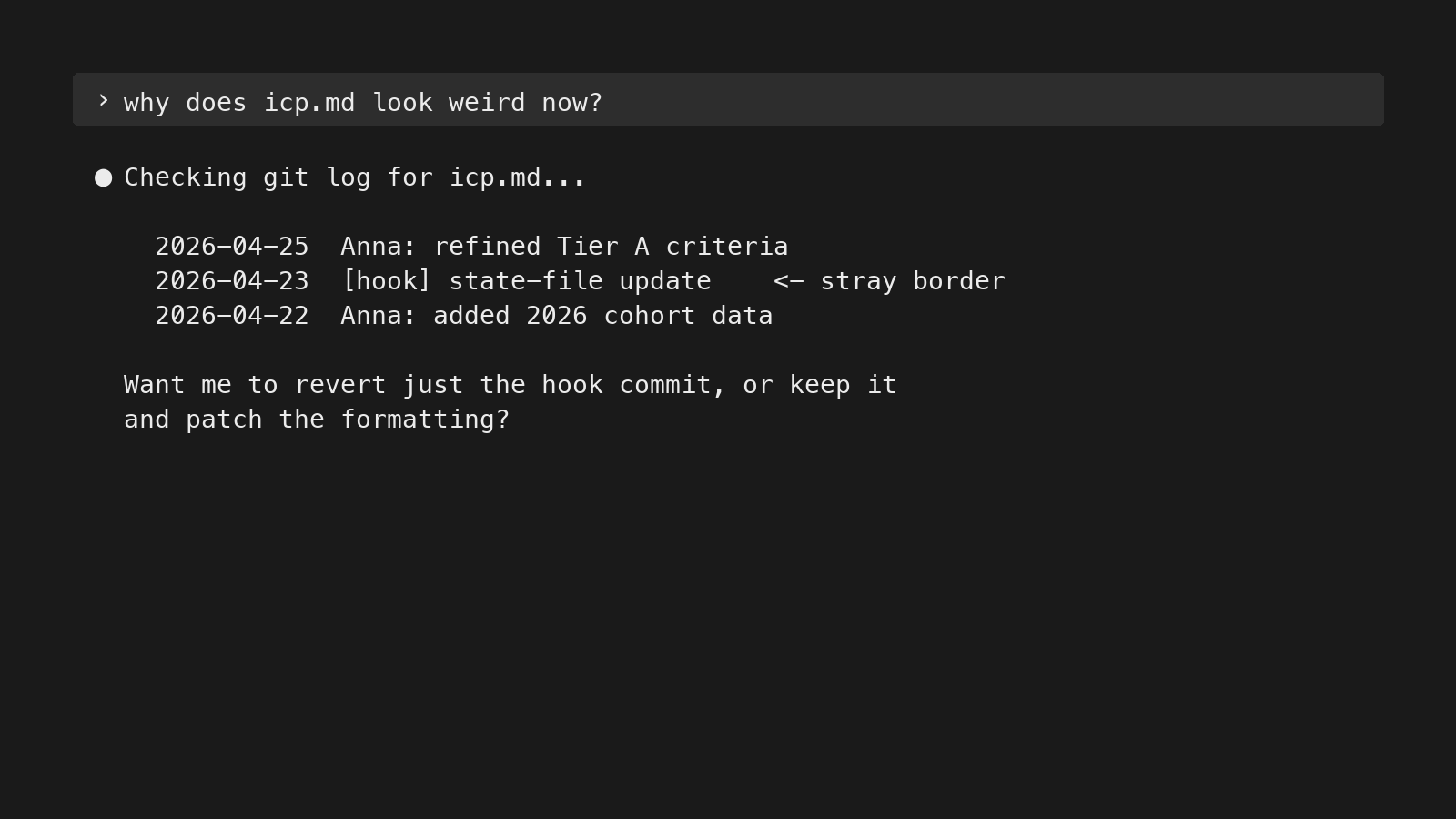 Claude Code showing a git log for icp.md with entries for human and hook-driven commits, asking whether to revert or patch